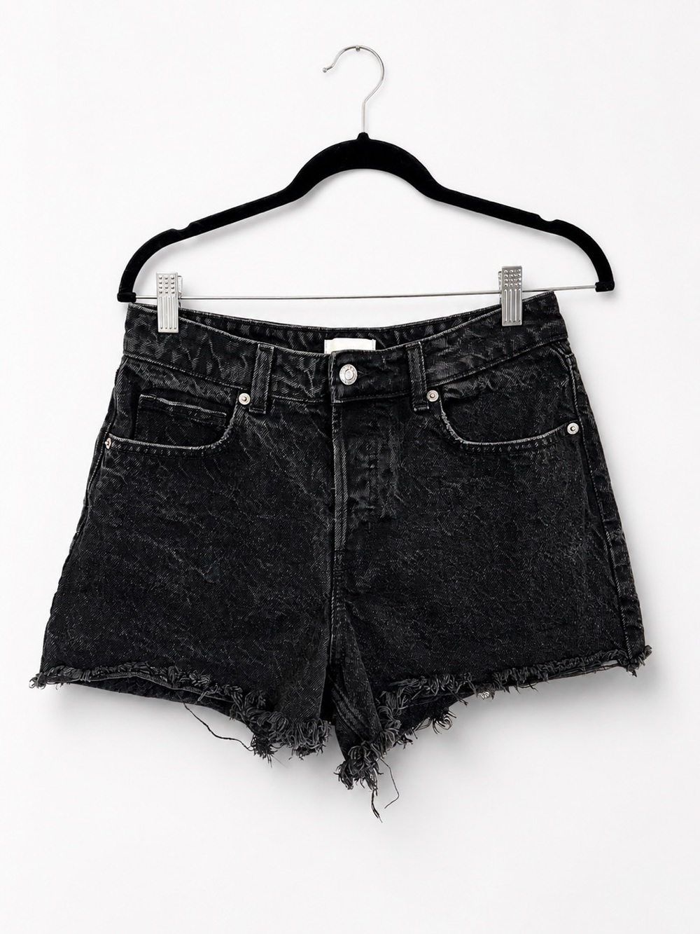 H&M black acid wash denim cutoff shorts frayed raw hem grunge Y2K